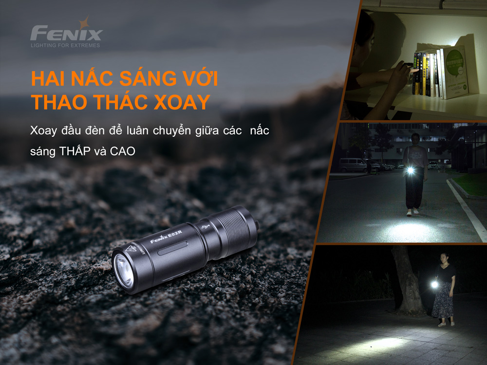 Đèn pin móc khóa Fenix ​​E02R có hai nấc sáng với thao tác xoay đầu đèn để thay đổi