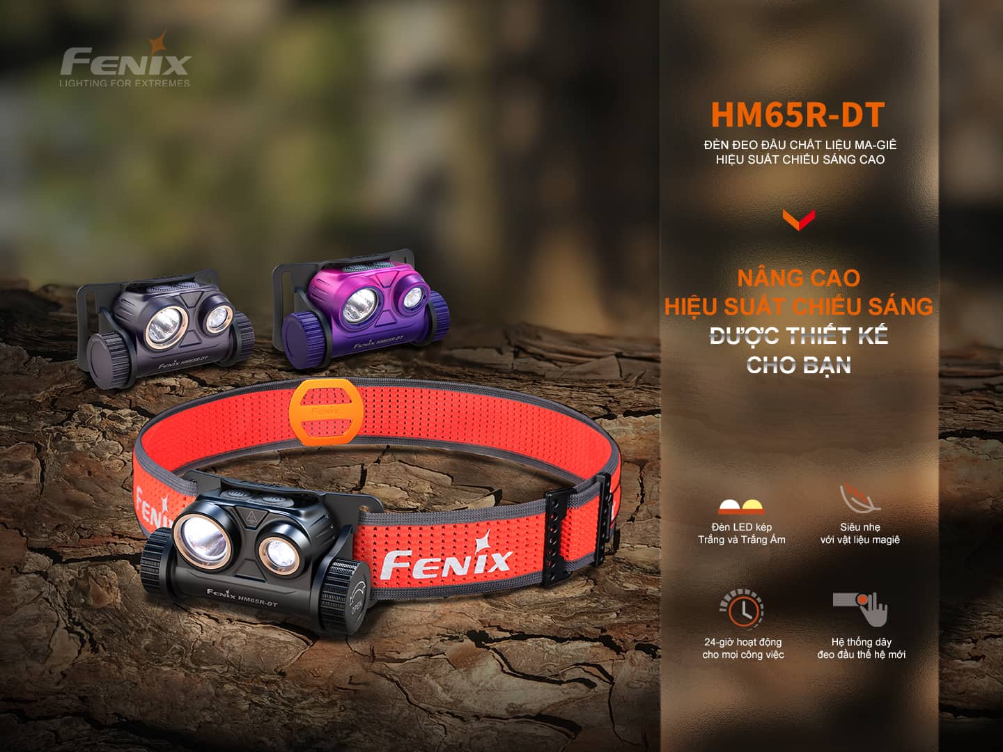 Đèn pin đội đầu Fenix HM65R-DT nâng cao hiệu suất chiếu sáng với đèn chiếu xa kép.