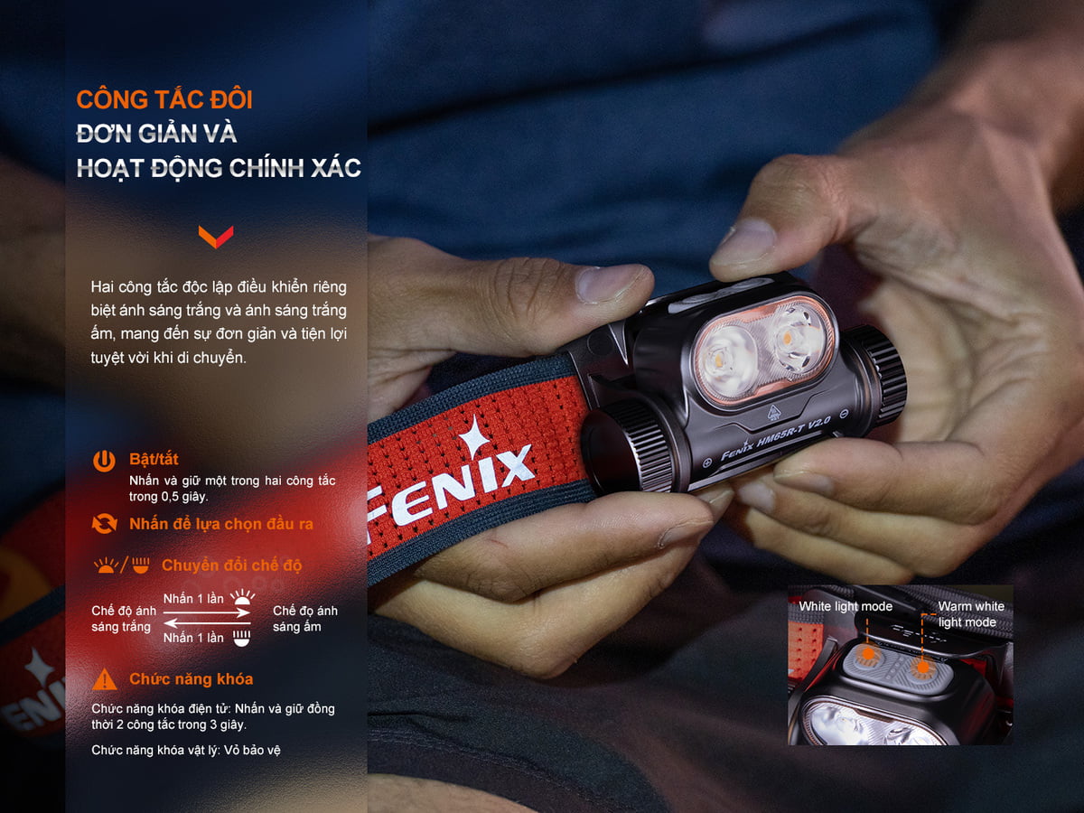Đèn pin Fenix HM65R-T V2.0 sử dụng công tắc đuôi đơn giản và hoạt động chính xác.