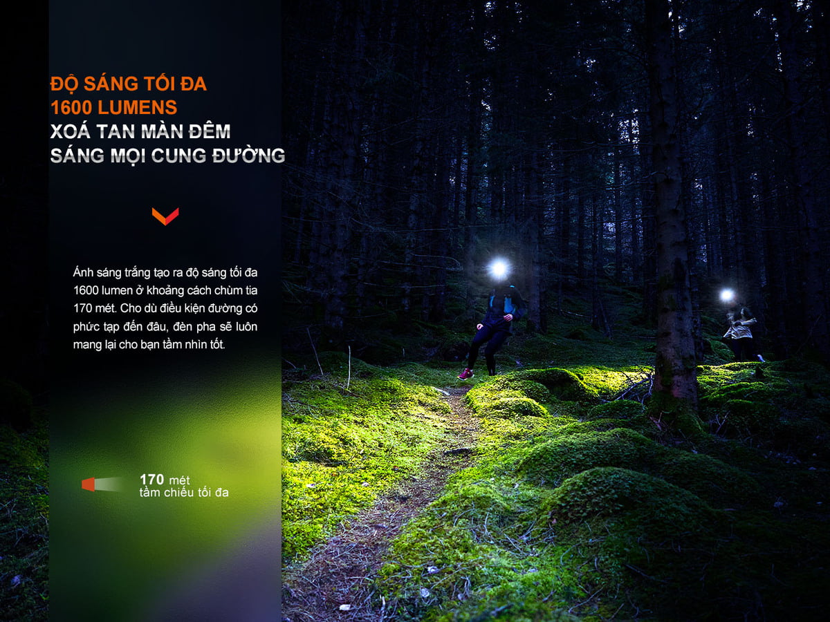 Đèn pin Fenix HM65R-T V2.0 với độ sáng tối đa 1600 lumens và tầm chiếu tối đa 170 mét.