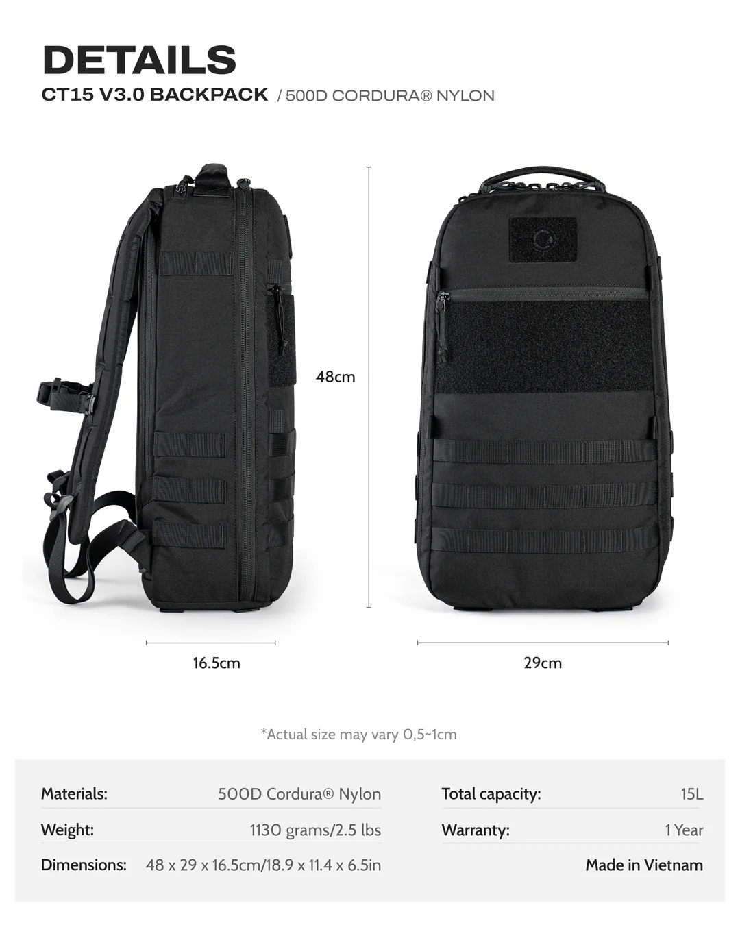 CT15 V3.0 Backpack 1 Balo CT15 V3 500D Cordura Kich Thuoc