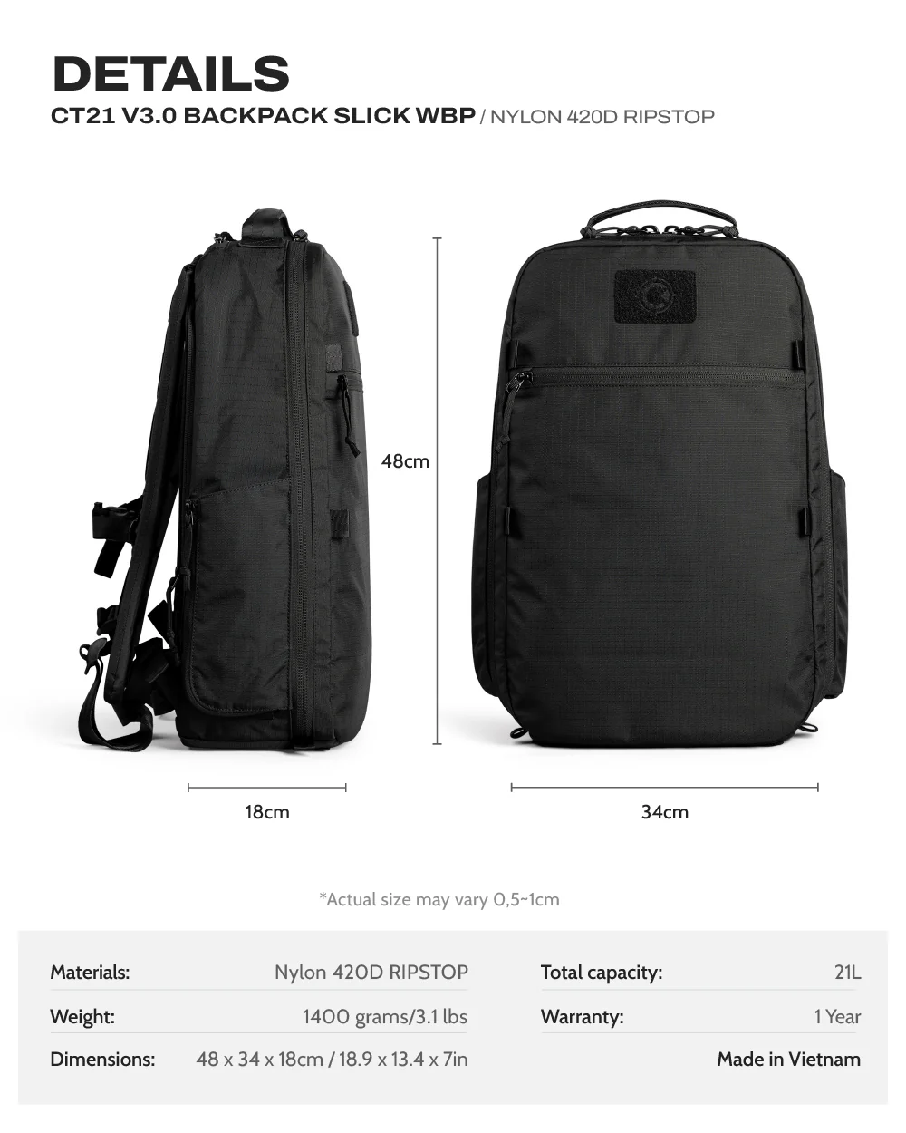 CT21 V3.0 Backpack Slick WBP - Ripstop420D 1 ct21 v3 wbp 420d slick