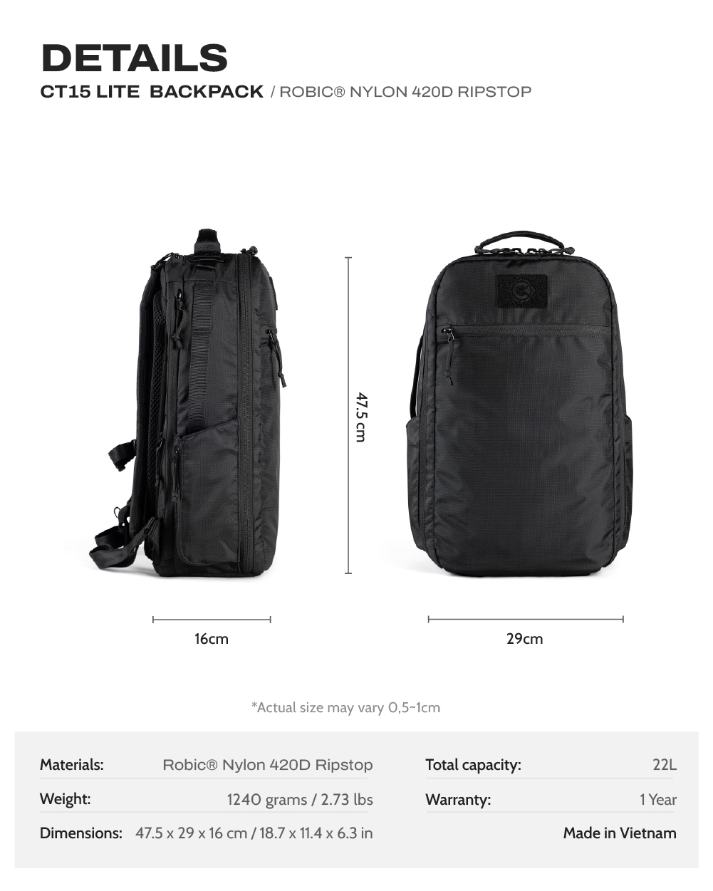 Balo CT15 Lite - Robic Nylon 420D Ripstop 1 Balo CT15 Lite - Nylon 420D Ripstop